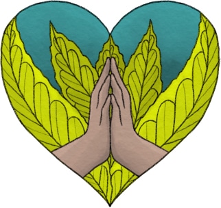 graphic of hands pressed together in heart with green leaves behind in the shape of a heart